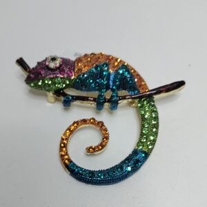 Colorful Chameleon Brooch With Blue Tail